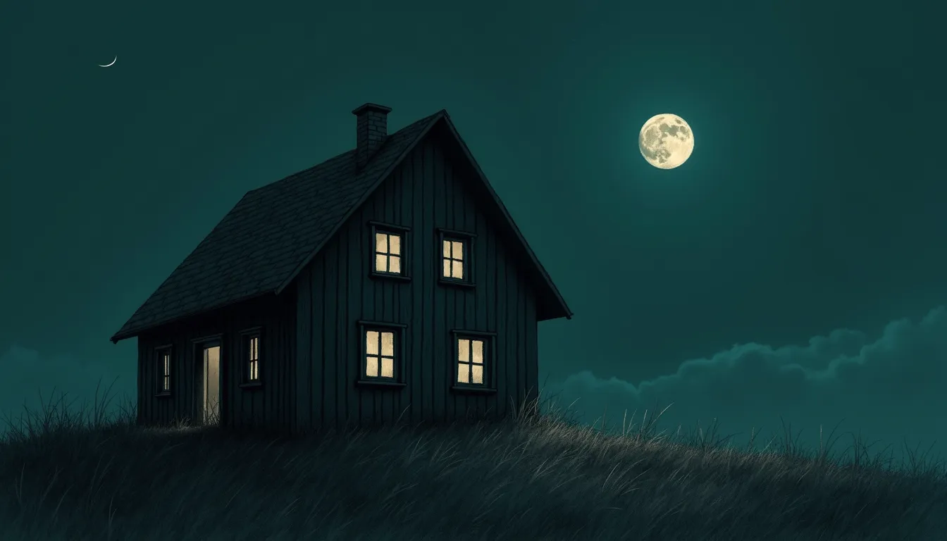 A dark bedroom sketched in pencil: a phone glows on the nightstand with a single haloed button, while beyond the doorway the last lit screens of the haus fade to black