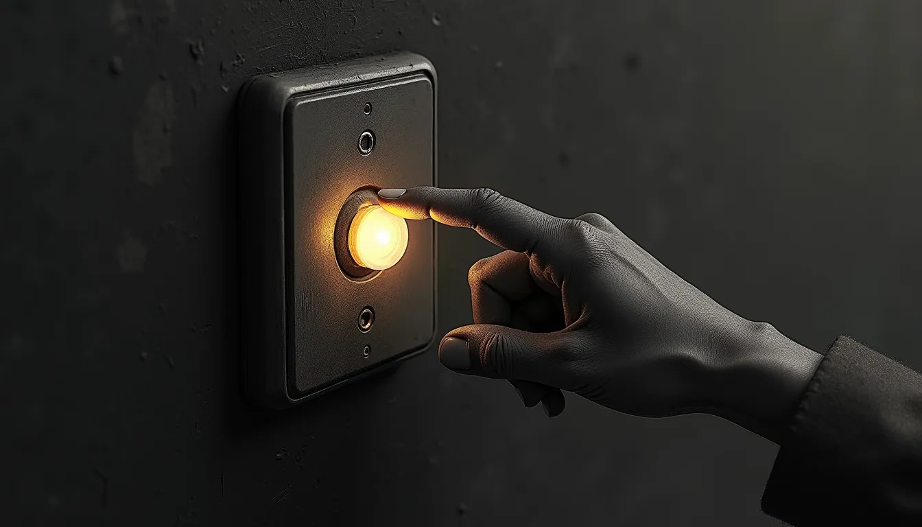 A large glowing pause button under a fingertip, sketched in pencil over a dark living room where three screens dim at once
