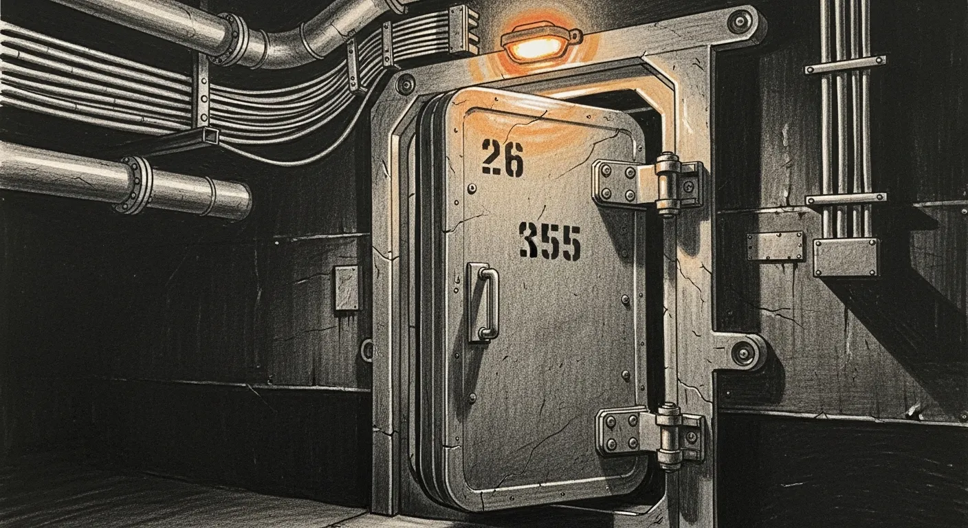 A military-grade bulkhead door closing in front of a corridor full of heavy machinery, lit by a single amber warning light.