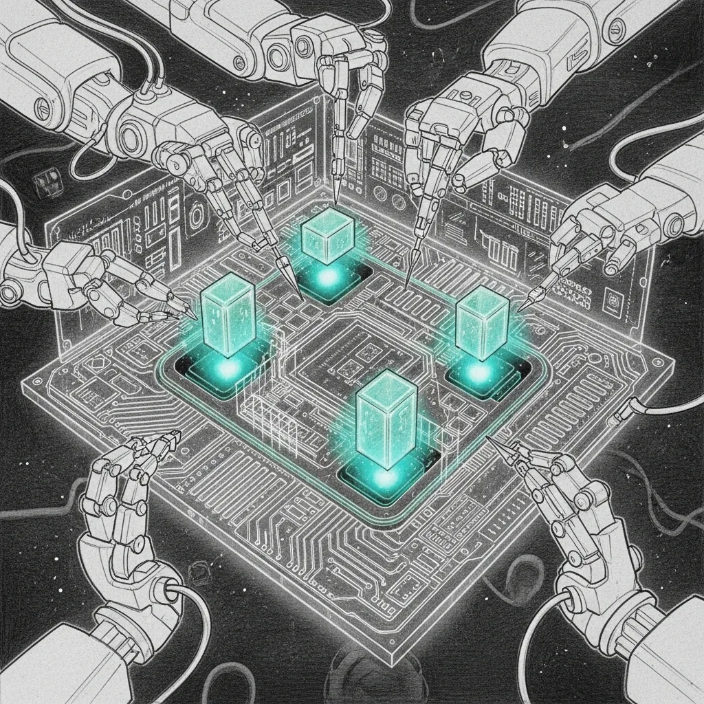 The Carmack Optimization — robotic arms defragmenting Metal GPU shaders like a Formula 1 pit stop for silicon.