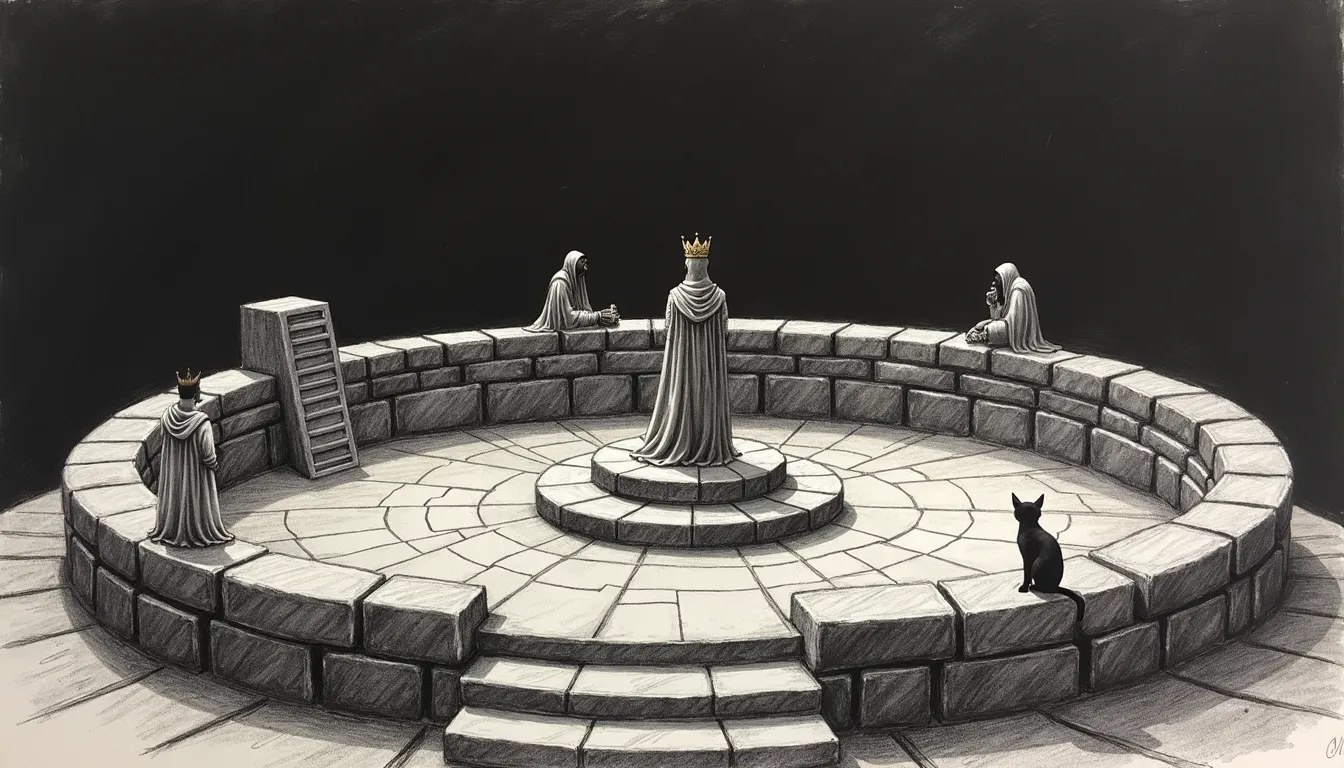 The champion gate — a pencil-sketch circular stone judgment pit where a single crowned champion stands at center on a raised dais. Hooded observers count paired tally-stones and weighing scales around the rim. Tommy the Abyssinian sits at the pit's edge watching the count. One amber halo marks the winning tally side.