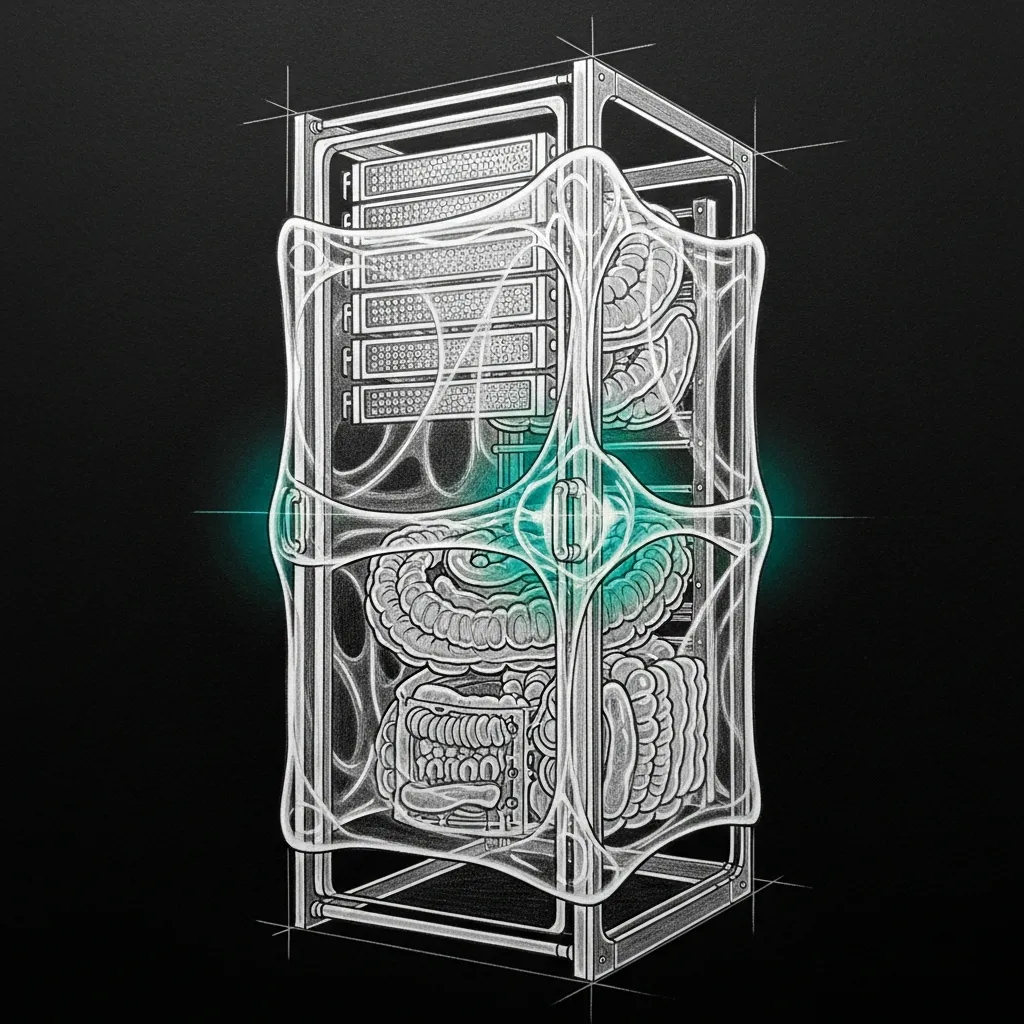 A ghostly fluid membrane wrapping a skeletal server rack — translucent fascial sheath pulsing with pressure, pencil-sketched against a dark void