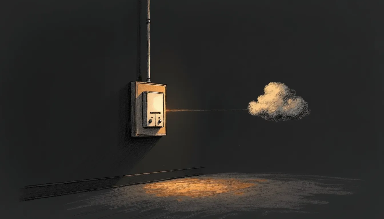 A pencil-sketched thermostat hanging mid-air, its cloud unplugged behind it, one amber filament still glowing