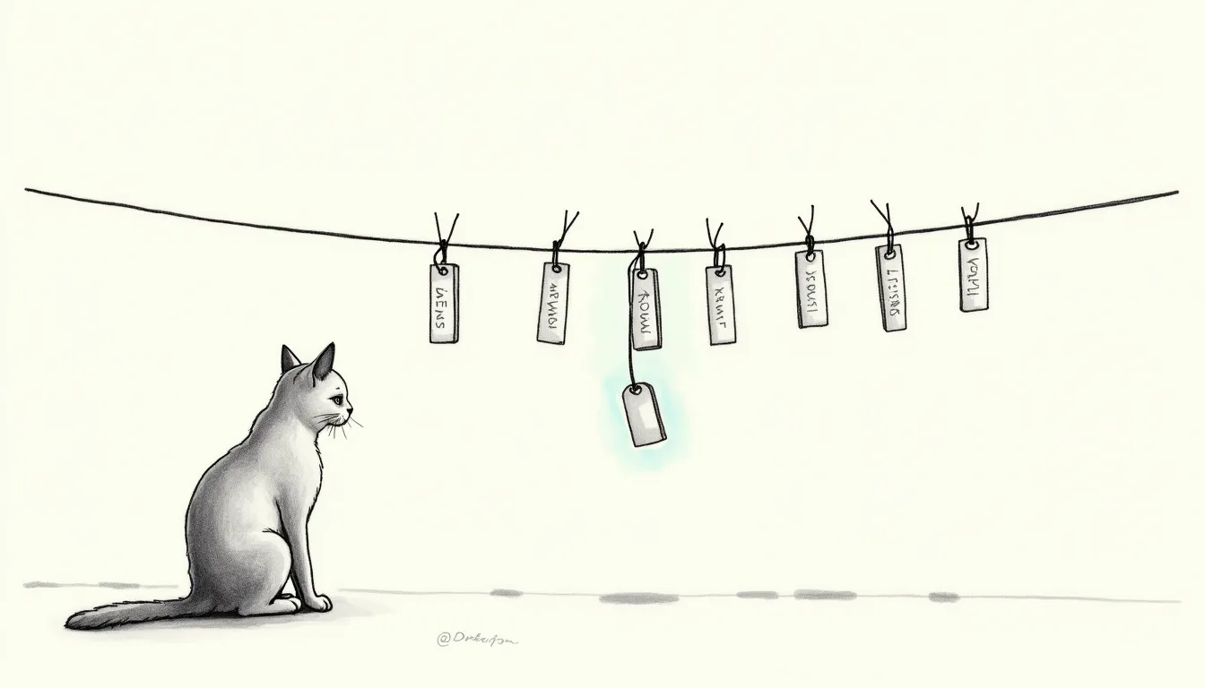 Luggage tags on a wire, one drifting loose from its suitcase