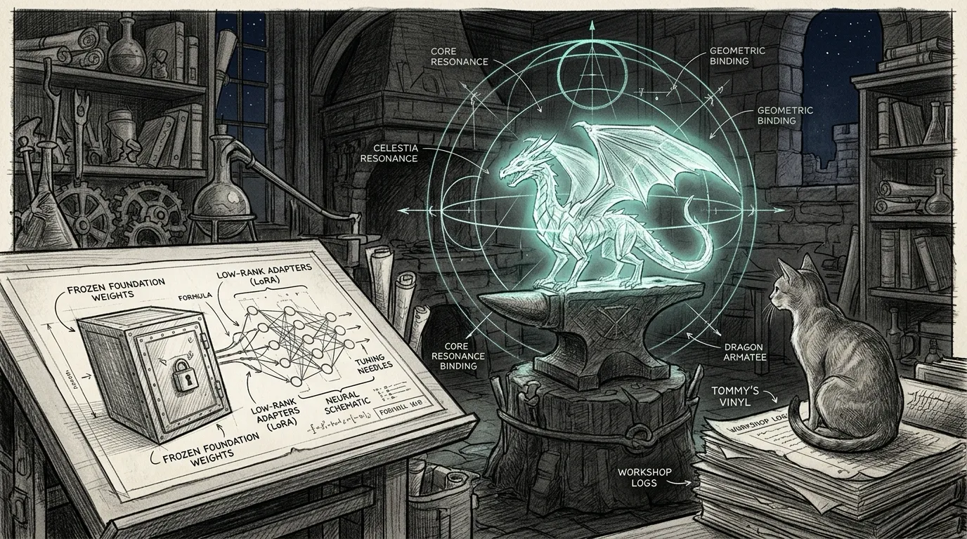 Pencil sketch of an alchemical neural workshop at night, where a glowing crystalline dragon armature on an anvil is illuminated by a soft teal halo, with blueprints showing a locked safe of frozen foundation weights wired to delicate low-rank adapter needles, while Tommy the Abyssinian cat watches from a stack of workshop logs.