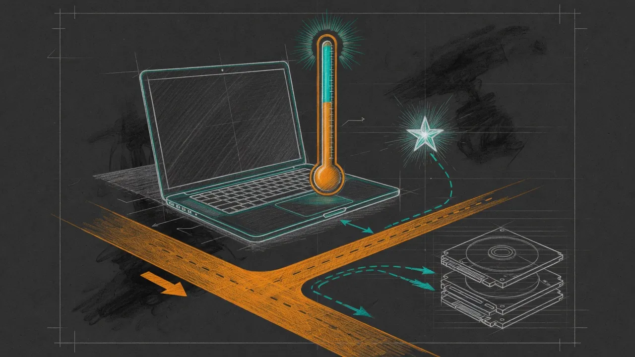 Pencil sketch of a MacBook memory gauge forking into a solid full-resident path and a dashed SSD-streaming path under a small bright star.
