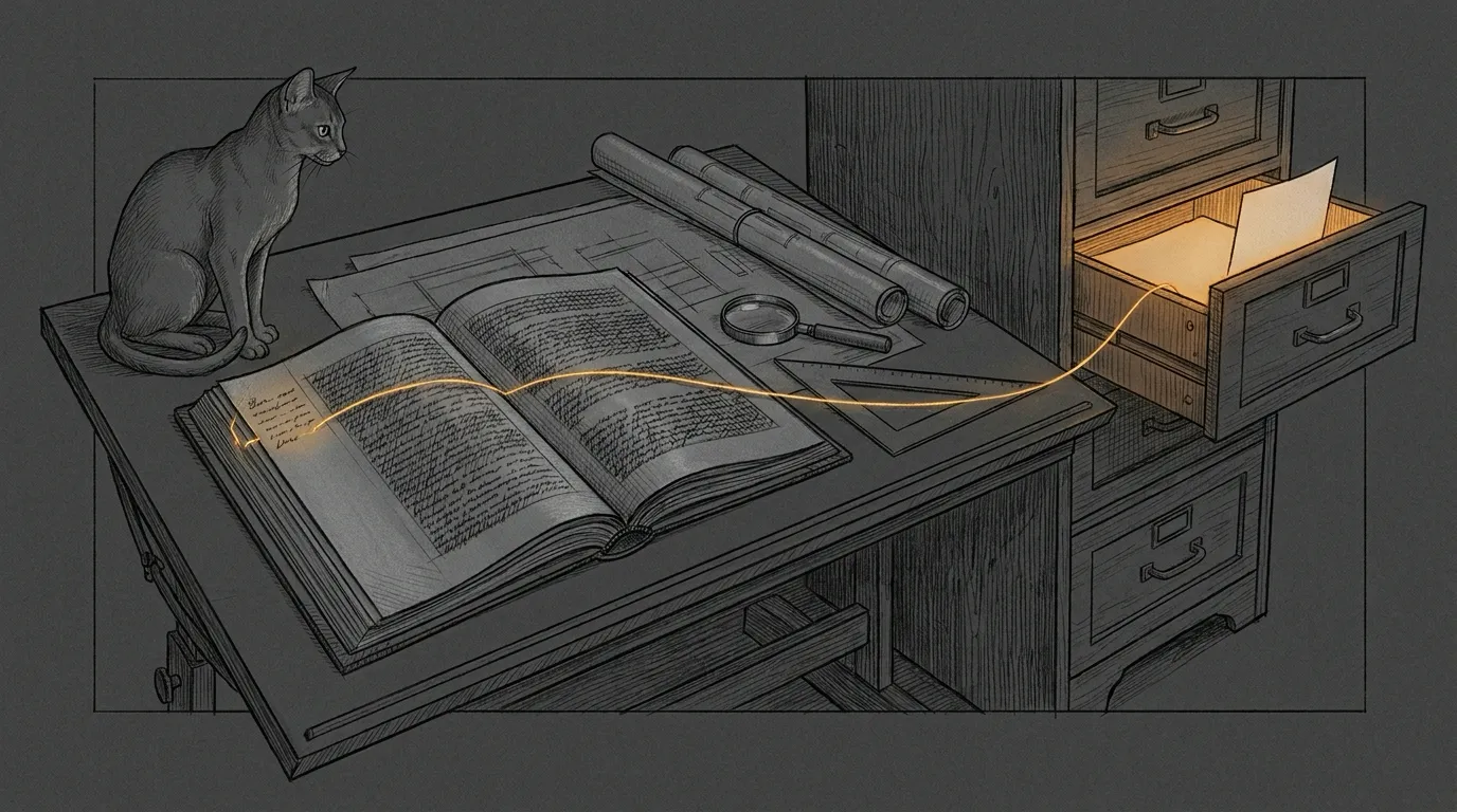 A pencil sketch of an engineering dossier open on a drafting table at night: one amber thread runs from a note in its margin to the archive drawer that holds the document it cites, and a cat watches the thread from the corner of the table.