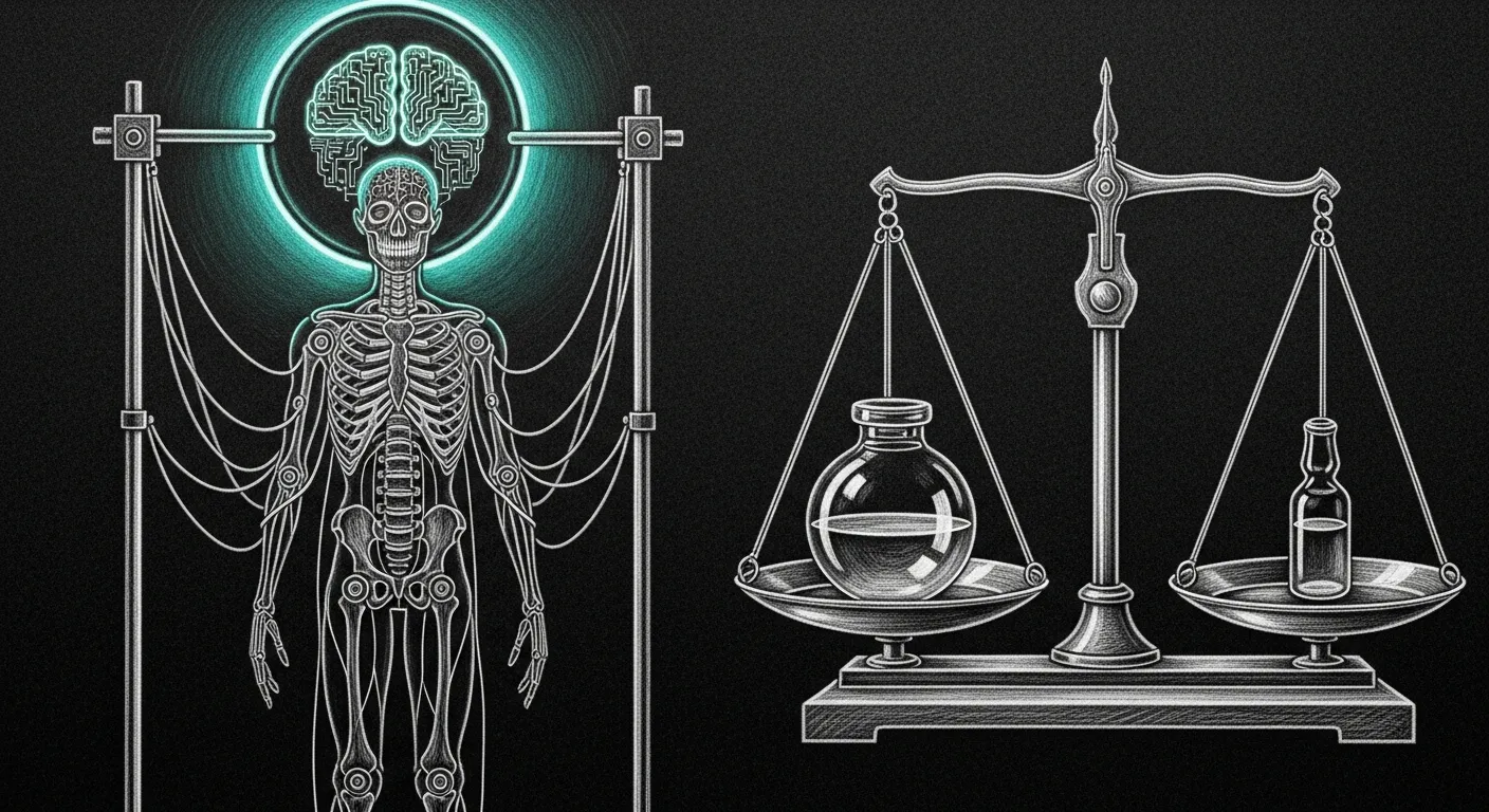 Eval Harness — a sensor-wired skeleton in the lab and a balance scale where EVIDENCE outweighs VIBES; the conscience the Carmack Olympics finally grew.