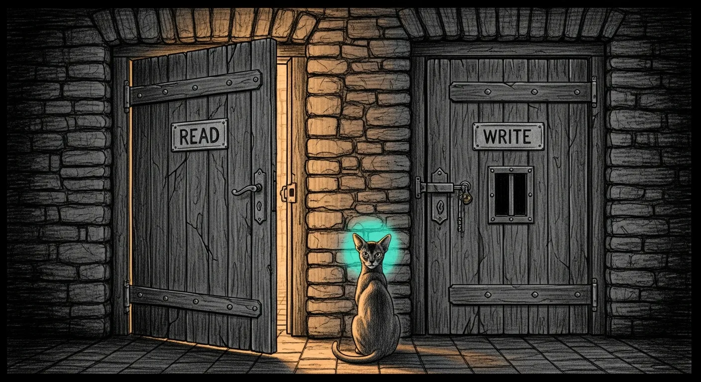 Fail open, fail closed — a technical pencil sketch in the Sanctum docs house style, hand-drawn black-and-white, wide 16:9. Two heavy doors set side by side in a stone wall of a haus cellar. The left door hangs wide open with a worn "READ" plate, warm light spilling through onto the floor. The right door is shut and barred with a "WRITE" plate, a single small deadbolt thrown. Tommy, the haus's force-ghost cat, sits between them facing the barred door, one amber halo resting on the thrown bolt.