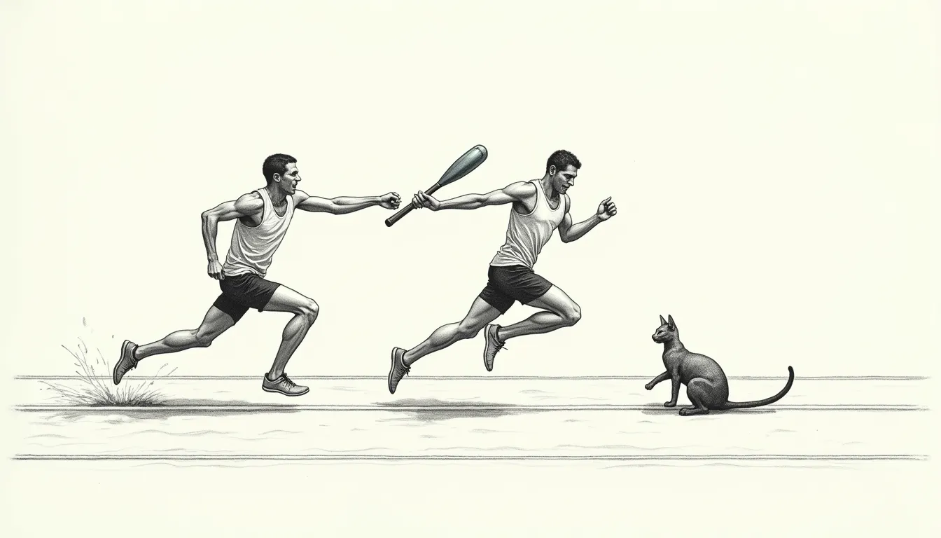 Fallback Continuity — two relay runners at full stride completing a clean baton exchange, the baton itself a thread of conversation drawn in a single teal line