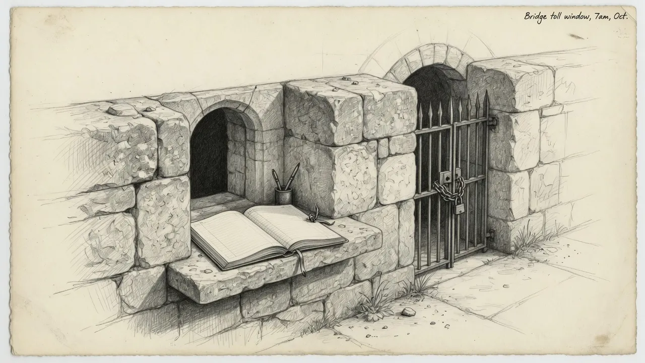 Pencil sketch of a stone clerk window, an open ledger on the sill, and a locked iron gate further along the wall.