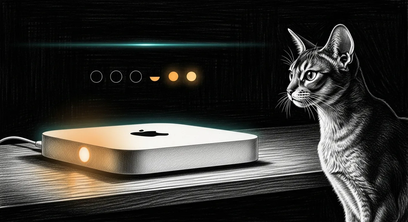 A freshly powered Mac Mini glowing amber for the first time, a wordless row of health-check dots lighting up above it while Tommy the Abyssinian force-ghost watches from the windowsill — the first heartbeat of a new Sanctum instance
