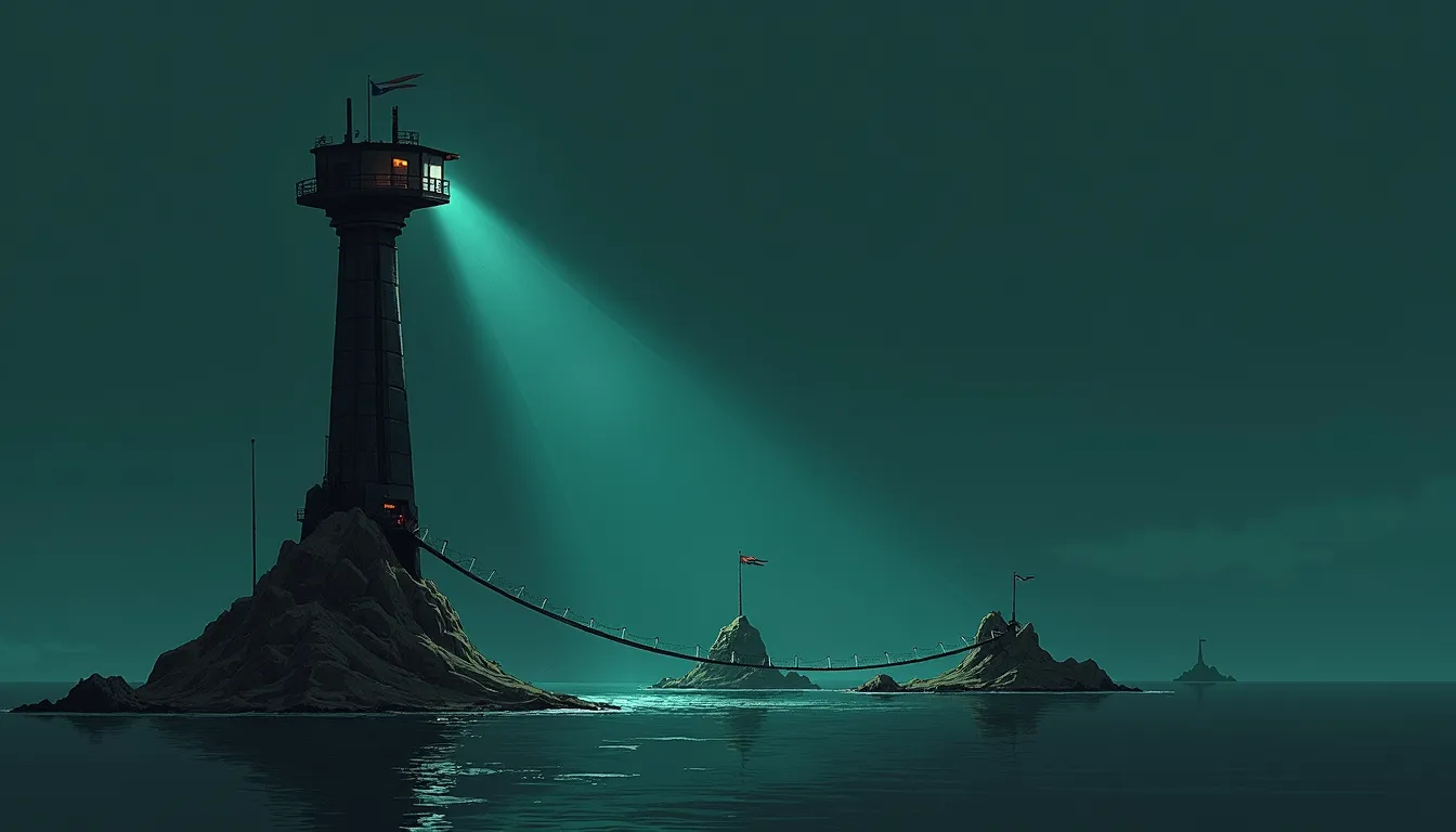 A pencil-sketched watchtower scanning three small islands linked by thin bridges, one teal beacon sweeping the dark water