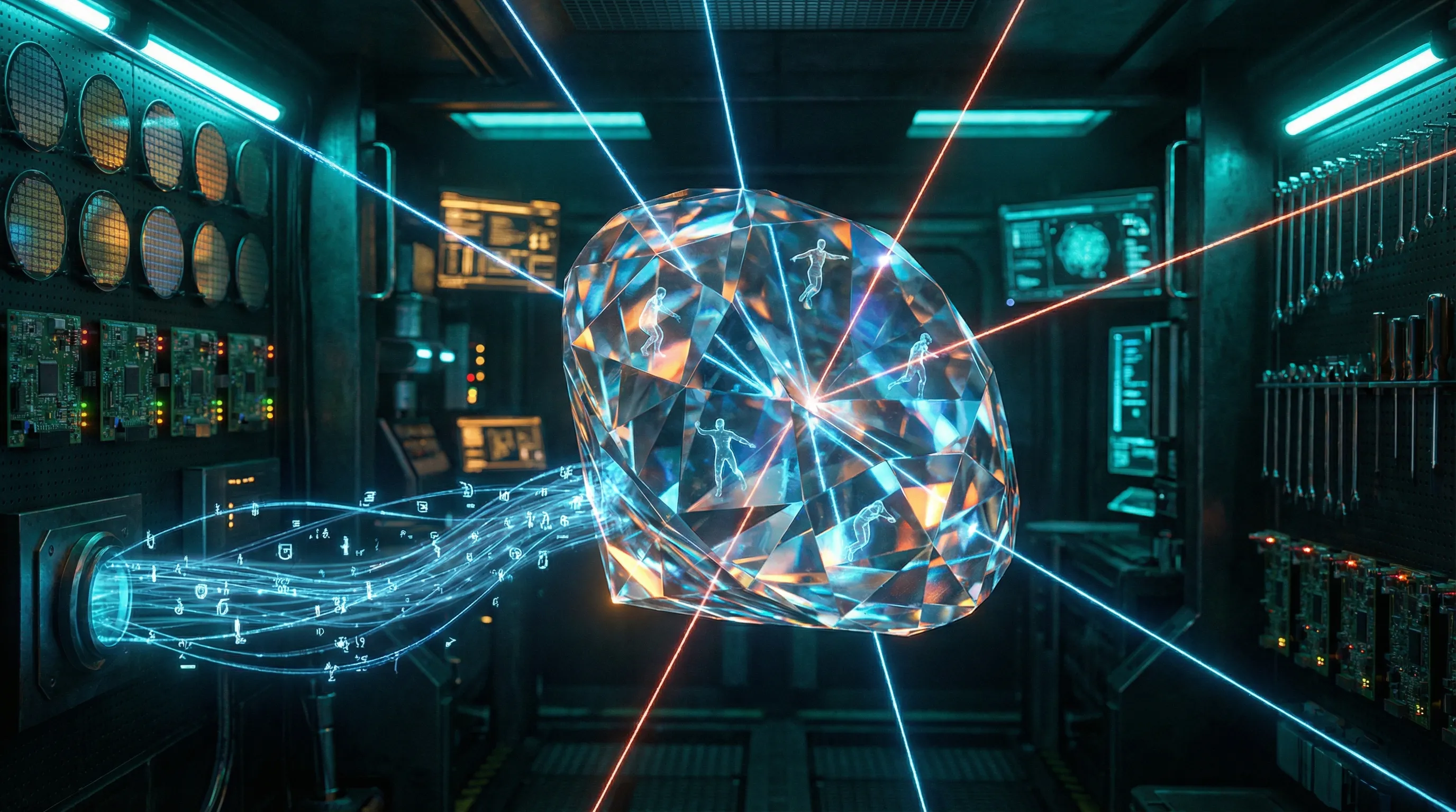 The Gemma 4 Switchover — a luminous gemstone being precision-cut by lasers in a dark workshop of silicon wafers.