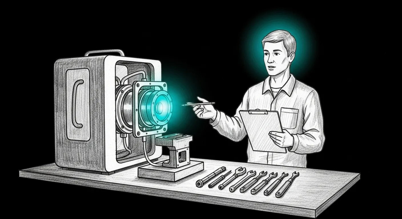 Pilot troubleshooting — a calm helper with a clipboard pointing at the one glowing teal component in a partially-disassembled machine; the diagnostic tools are already laid out on the bench, because day-one problems are the ones we've all seen before.
