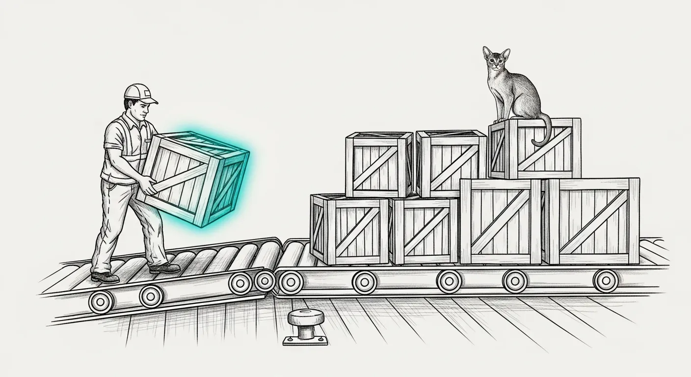 A pencil-sketched dock worker lifting one single crate onto a conveyor belt while a whole stack of other crates sits untouched behind him, the crate in his hands the only thing lit in teal, Tommy the Abyssinian watching from the top of the stack.