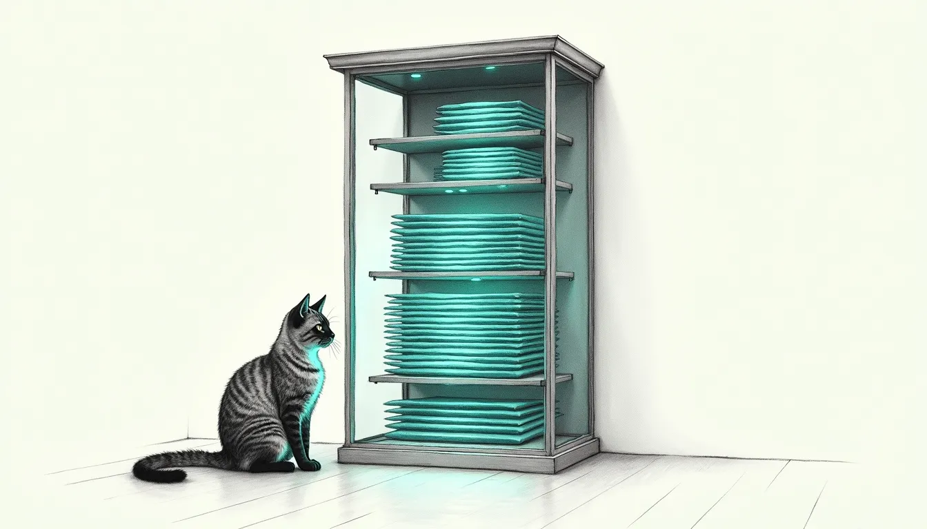A pencil-sketched glass cabinet of nested control panels stacked in layers of teal-lit depth, a cat sitting before it with its face lit by the glow.