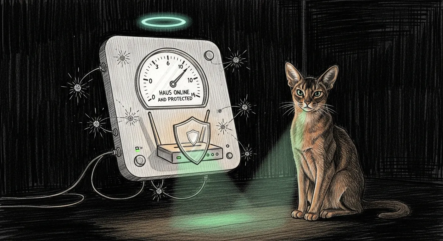 A single serene control pane floating in a quiet haus: one clean gauge showing the network online and protected, a shielded router glowing softly, mesh nodes as small steady stars. Tommy the Abyssinian sits beside it watching the green light, entirely unbothered.