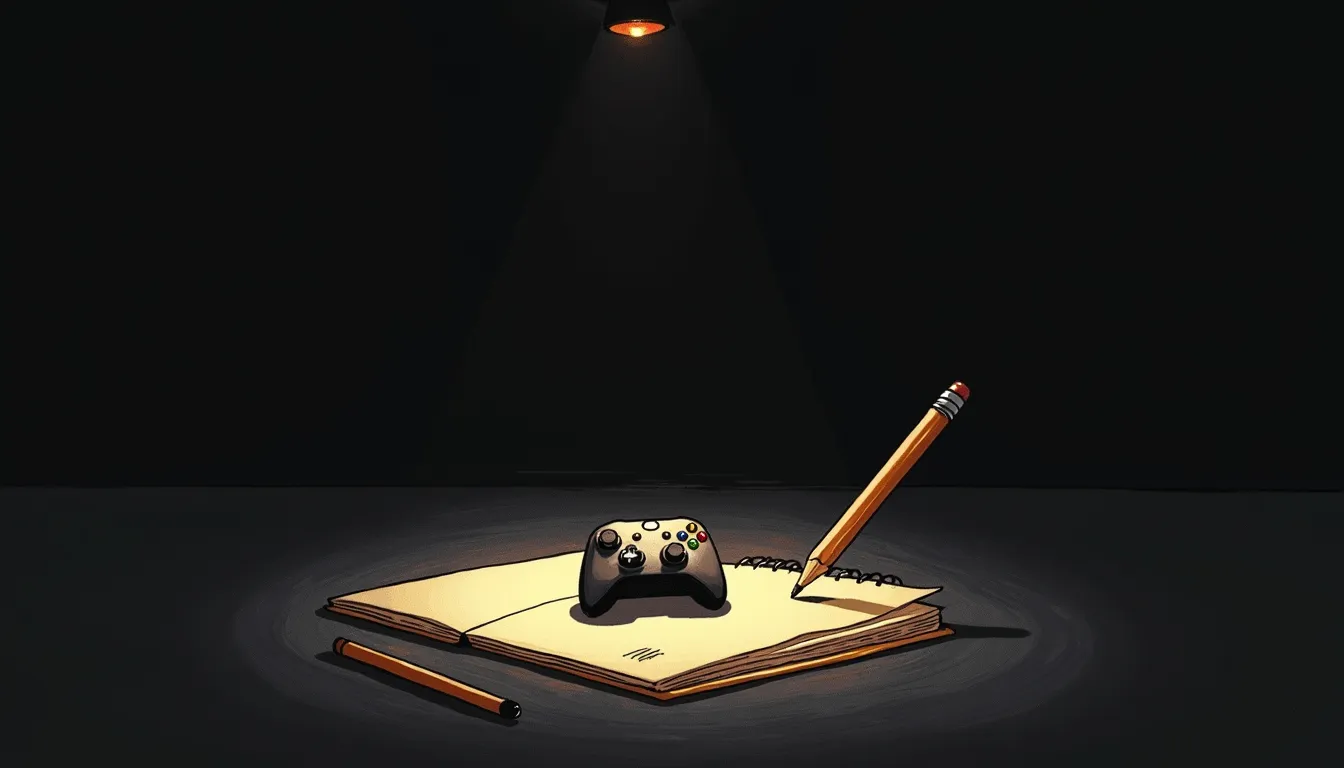 A pencil-sketched game controller resting on an open notebook under a single amber cone of lamplight, while a pencil keeps writing beside it in the dark
