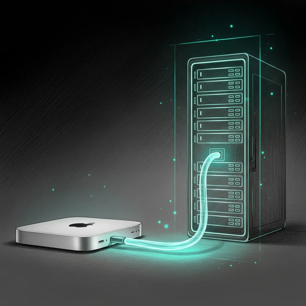Hybrid Sidecar — a Mac Mini and a virtual server rack connected by a glowing data umbilical cord.