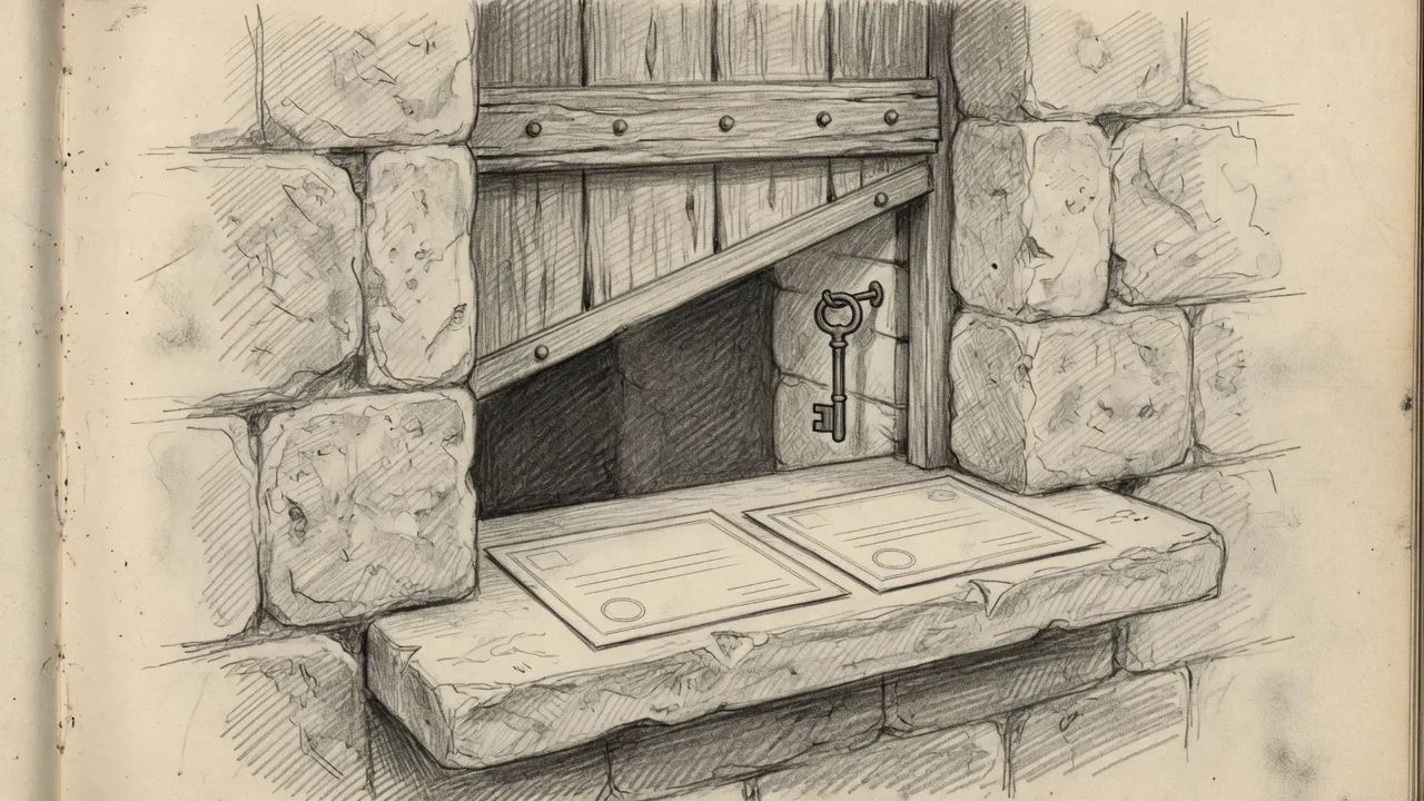 Pencil sketch of a narrow stone ticket window, two blank certificates on the counter, and an iron key on the clerk's side of the wall.