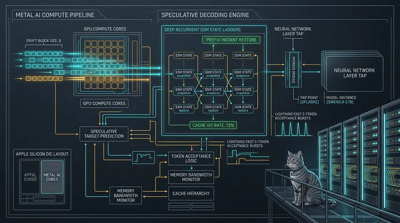 Cinematic engineering blueprint and architectural diagram of Apple Silicon Metal AI speculative decoding engine with DFlash2 block size 8, recurrent SSM state ladders, and instant prefix cache restore