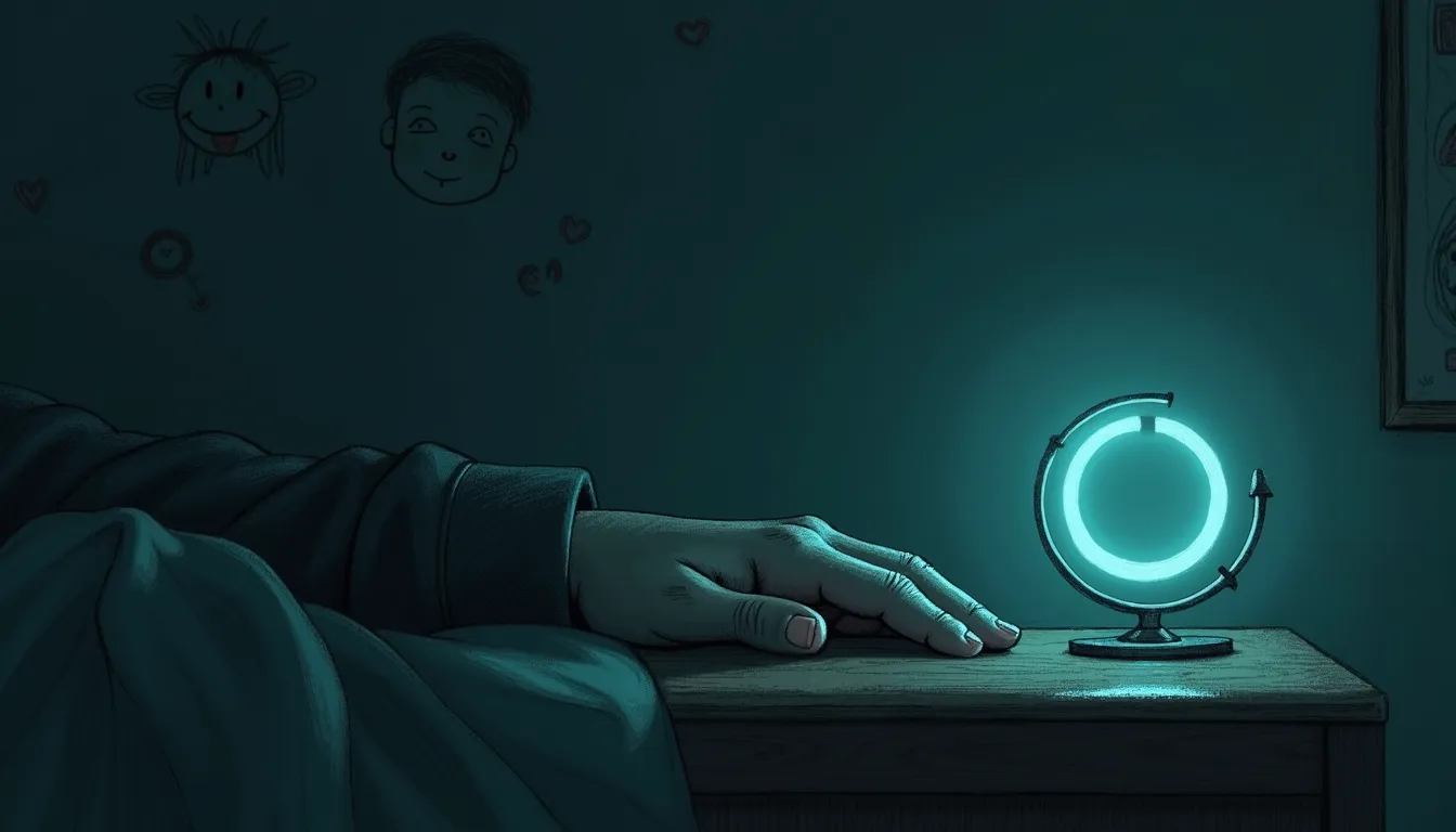 A parent's hand holding a phone that glows with a single calm status light, sketched in pencil over a dark kitchen at night