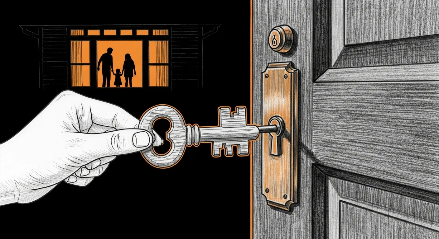 Installing Sanctum Family Pass — a hand placing a uniquely-notched wooden key into a heavy stone door at twilight; family silhouettes warm in the windows above, because the installation has a destination beyond the terminal.