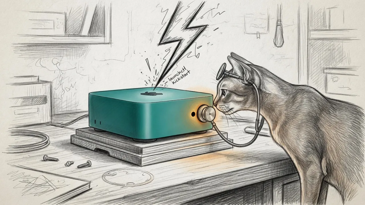 A pencil-sketch Mac Mini takes a kickstart lightning bolt while Tommy the Abyssinian holds a stethoscope to a still-dark health LED.