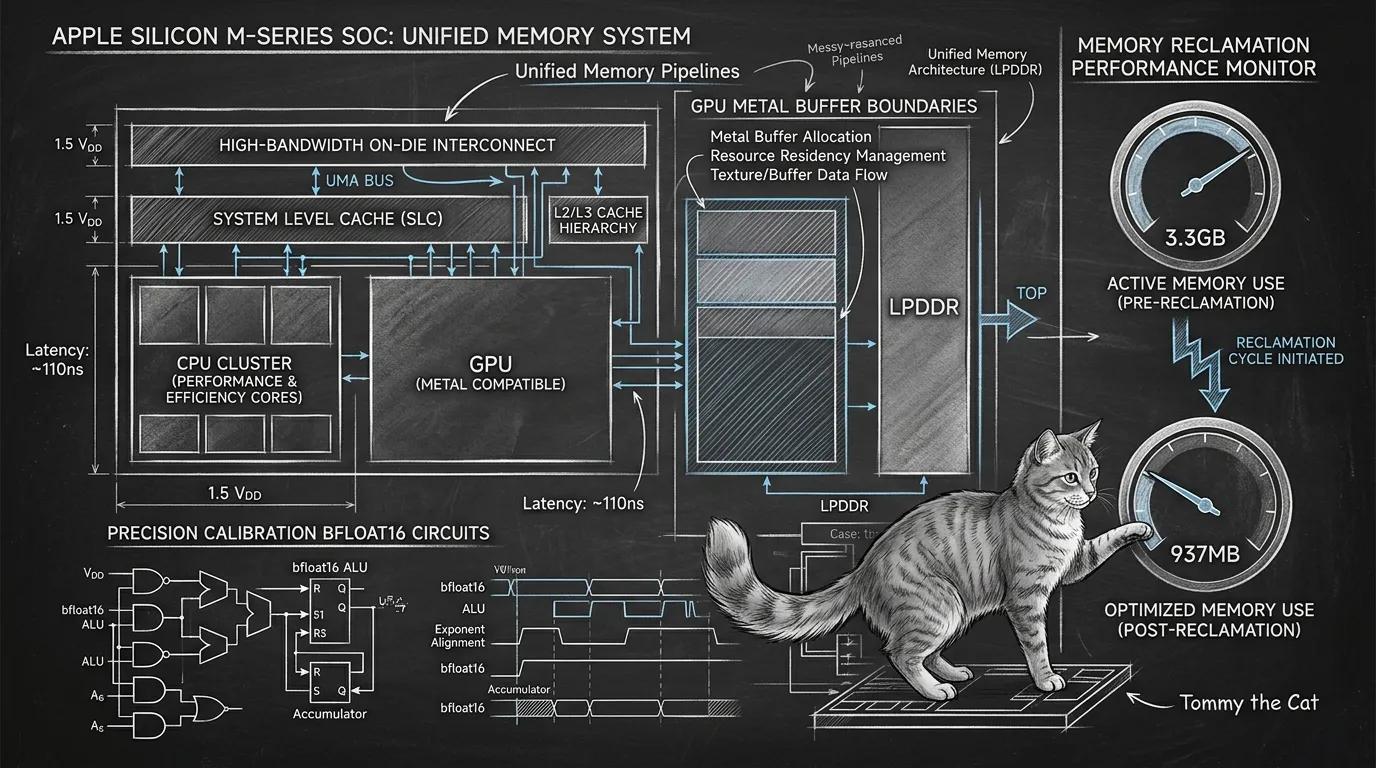 Technical pencil and ink architectural schematic on a dark chalkboard background showing Apple Silicon unified memory pipelines, GPU Metal buffer boundaries, memory reclamation dials dropping from 3.3GB to 937MB, precision calibration bfloat16 circuits, and Tommy the cat inspecting the memory dials, highly detailed engineering illustration