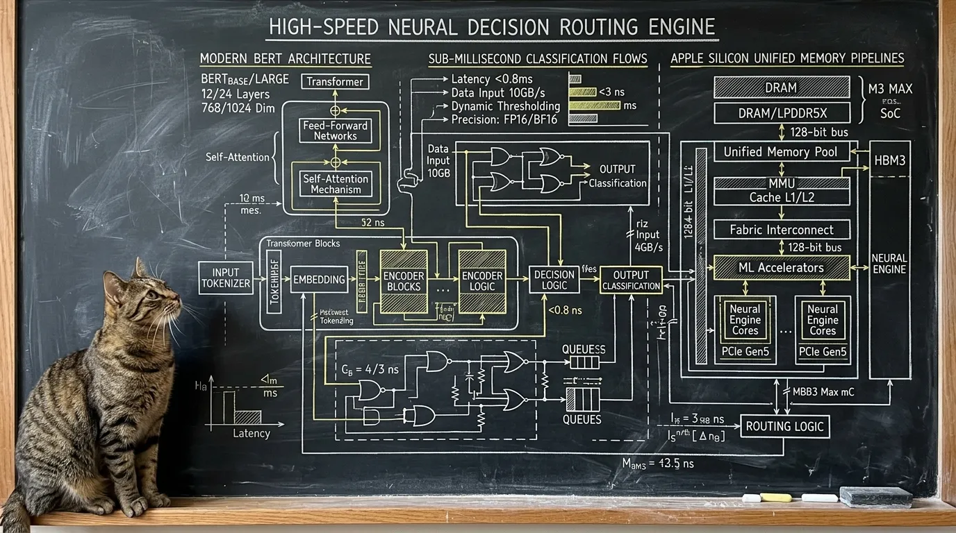 Technical pencil and ink architectural schematic on a dark chalkboard background of a high-speed neural decision routing engine, sub-millisecond classification flows, modern BERT architecture circuits, and Apple Silicon unified memory pipelines, watched by Tommy the cat, highly detailed engineering illustration
