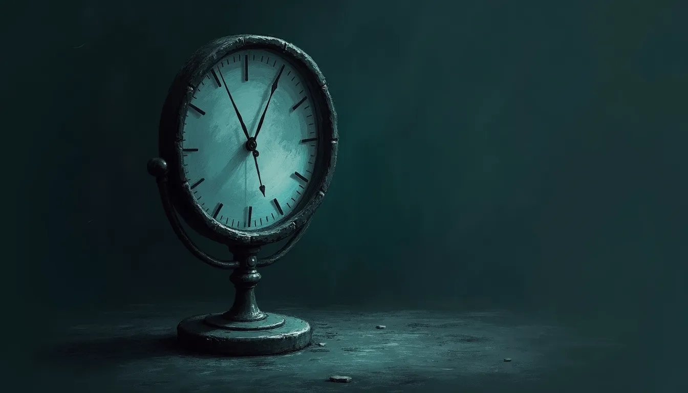 A pencil-sketched iPhone standing beside a small hand mirror on a night table; the phone's reflection in the mirror shows the same bedtime clock face, both softly glowing the same hour