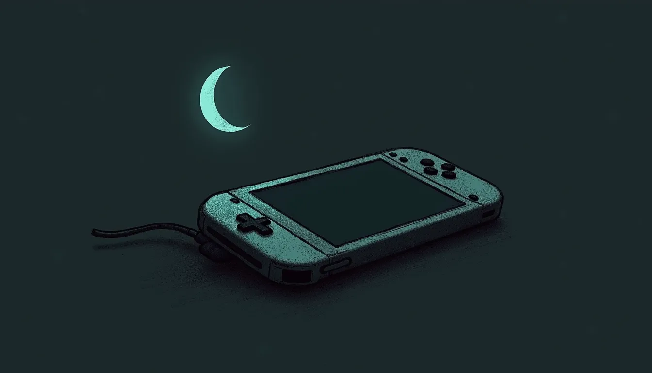 A pencil-sketched handheld game console propped against a small hand mirror on a night table; the mirror's reflection shows the console's screen gone dark, save for one soft amber halo where the bedtime hour still glows