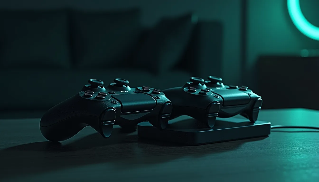 Two pencil-sketched game controllers — one boxy, one with sweeping grips — leaning against a small hand mirror on a TV stand; in the reflection both controllers have gone dark, with a single soft teal halo hanging where the evening end hour would glow