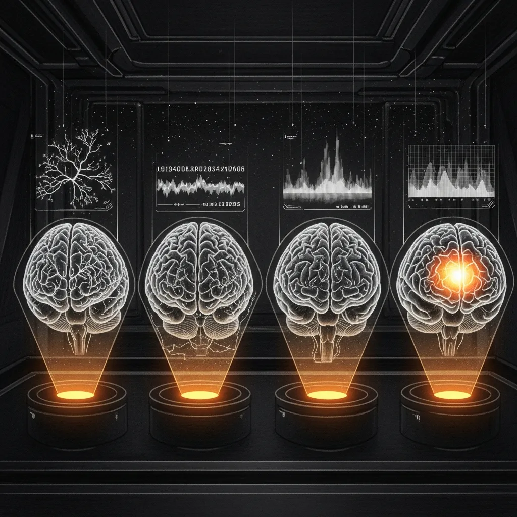 Model Comparison — four holographic brains in a war room, each projecting its benchmark scores.