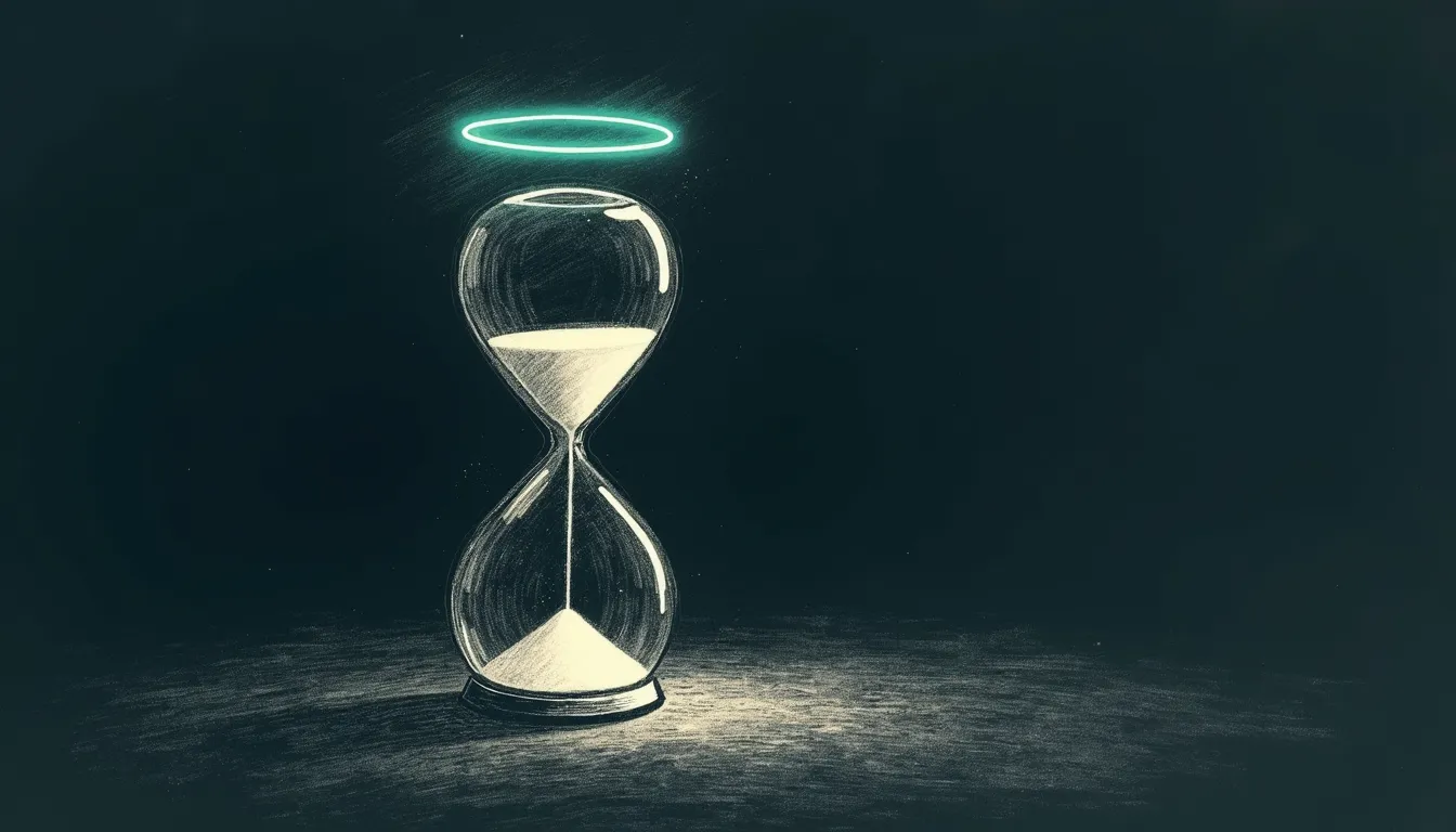 A kitchen timer sketched in pencil in a dark kitchen, a parent's hand adding a quarter turn, the extra minutes glowing in a warm amber halo