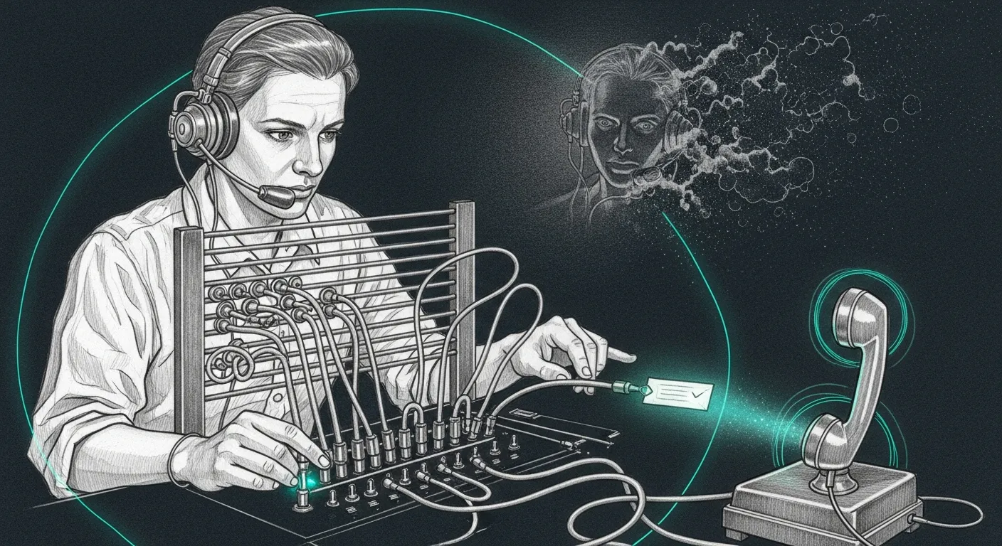 A vintage telephone switchboard operator routing alerts through a failover queue of pneumatic tubes — one tube glows teal as it carries a critical message past a dissolving signal-cli daemon