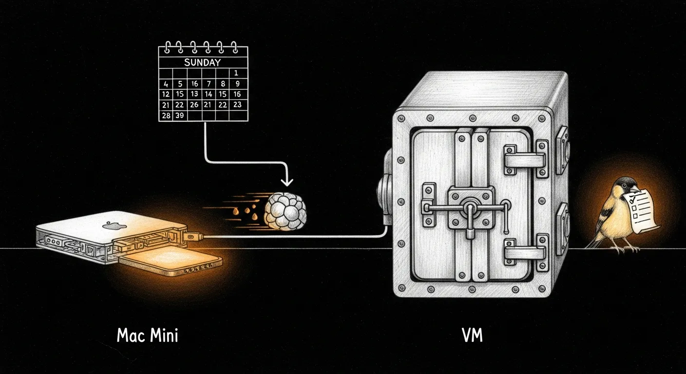 Sunday Sync — a sealed-vault VM receiving a weekly tarball from the Mini through a narrow airgap pipeline, with a Monday canary waiting with a checklist to confirm all three copies landed on one version.