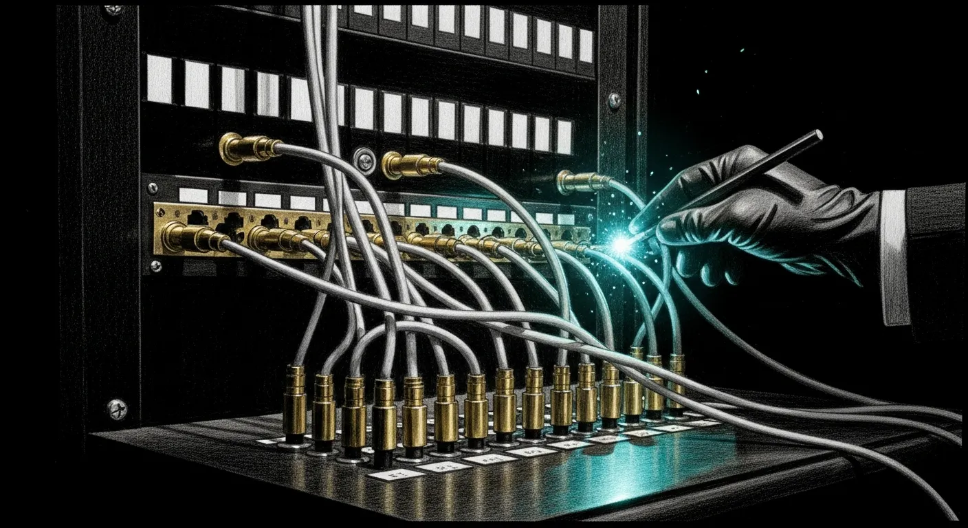 Port summary — a vintage telephone switchboard cabinet at night, a gloved operator's hand mid-patch on a complex weave of brass plug-cables, a single teal spark glowing at the contact point.