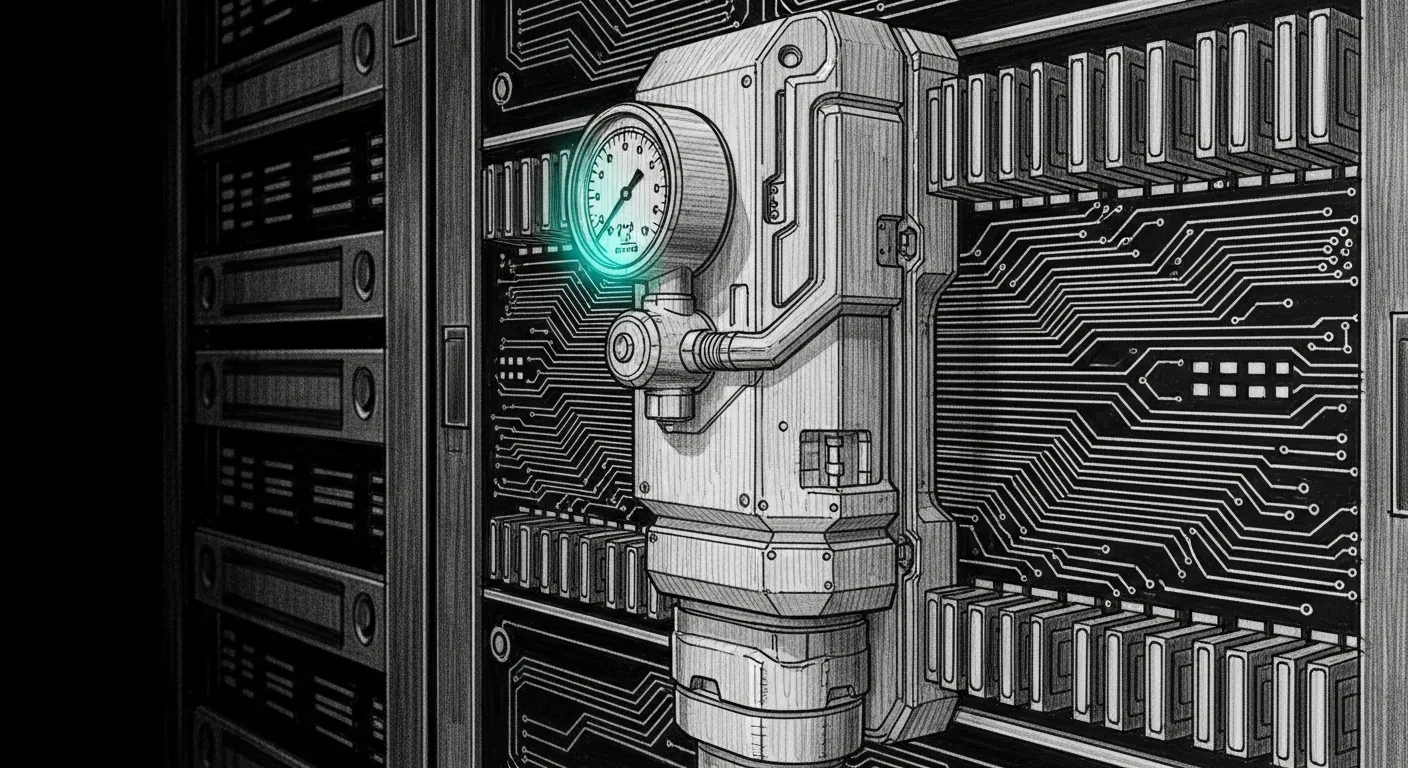 Pressure Valve — a pressure relief valve embedded in a memory bus on a dark server rack, teal gauge glowing, circuit traces radiating from the housing.