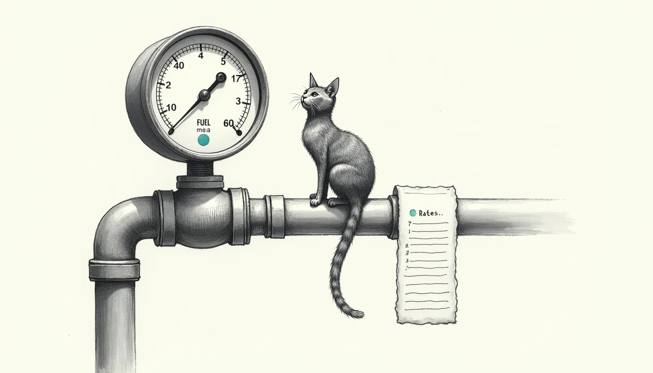 A pencil-sketched pressure gauge mounted on a pipe, its needle well below the marked limit, a small handwritten card of rates clipped alongside — swappable without touching the pipework.