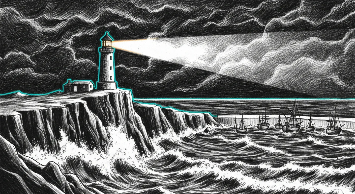 Reliability Doctrine — a lighthouse on a rocky shore at dusk, its beam sweeping an empty sea, the keeper invisible inside and the light the only proof anyone is home.