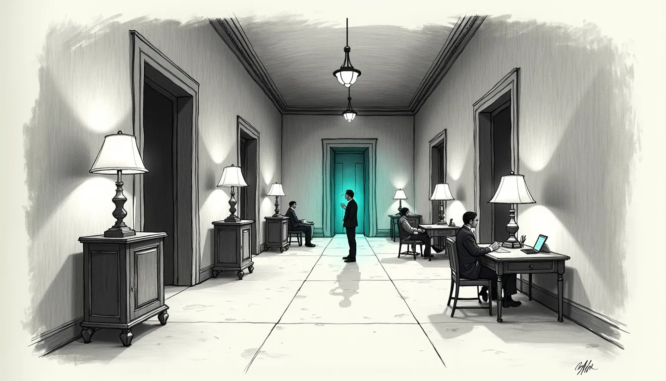 A pencil-sketched manor hallway at night, several lamplit desks along it with a figure working at each, and one person standing in the hall between them rather than knocking on every door. A door at the far end glows teal.