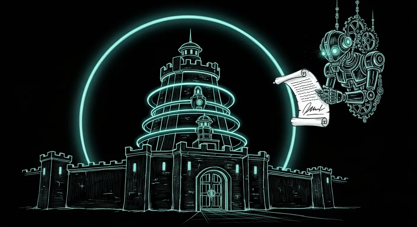 Sanctum Gateway — five concentric defensive rings around a gatehouse, a signed scroll being scrutinized by a clockwork sentinel that has read this signature before.