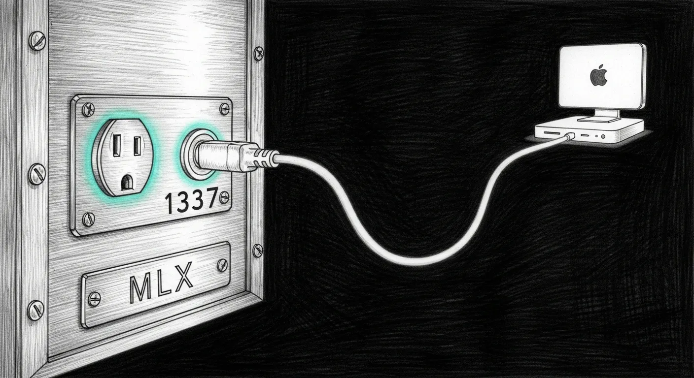 A pencil sketch on dark background of a vintage brass switchboard, a single illuminated plug labelled 1337 routing a glowing cable arc into a distant Mac Mini silhouette, teal halo around the plug, a small nameplate reading MLX