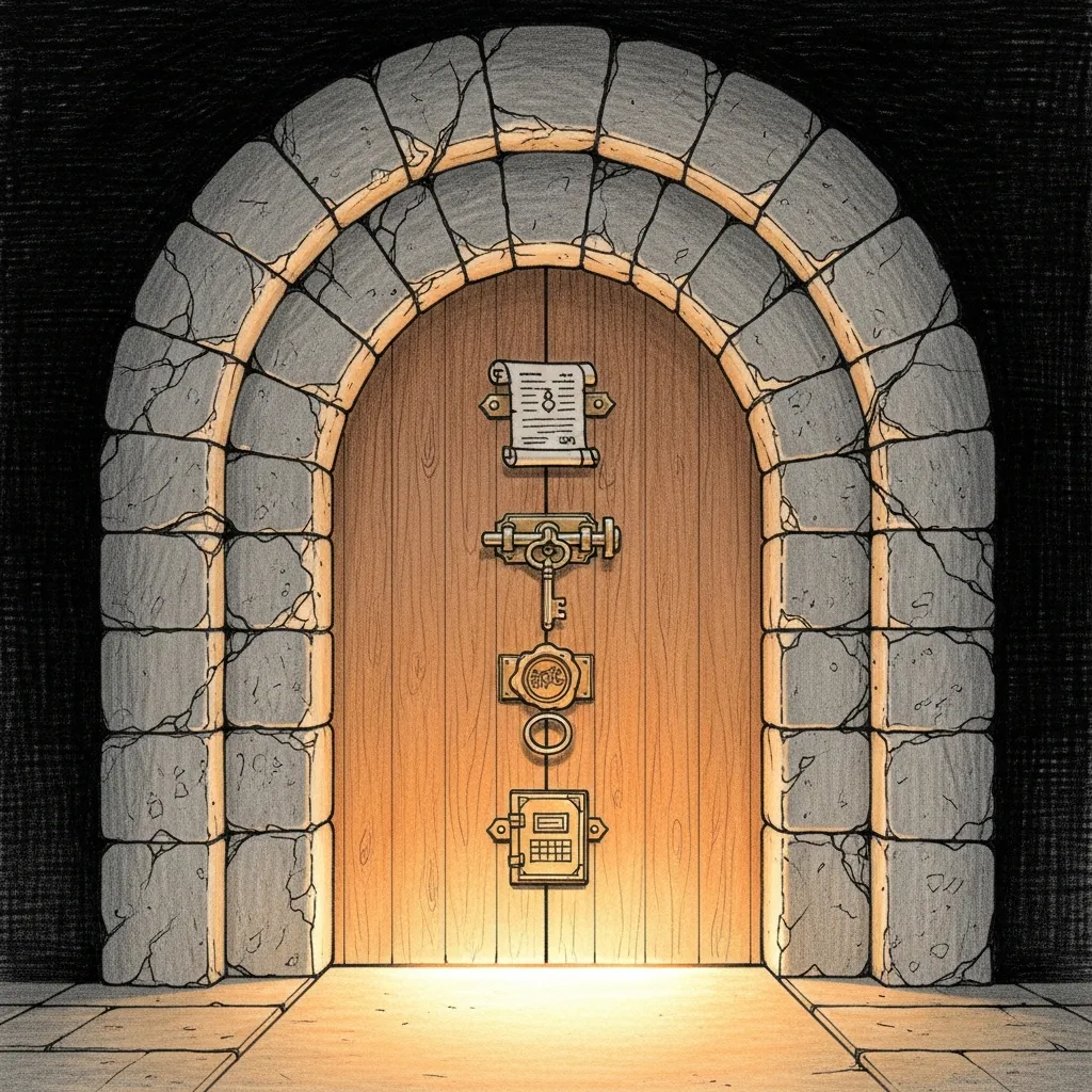 A single lit door in a stone wall with five distinct latches — cert, key, pin, seal, ledger — pencil-sketched against a dark void, an amber line glowing from under the door