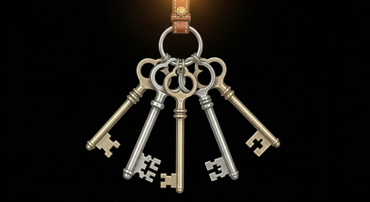 sanctum-cli config — five intricate hand-forged brass keys on a single ring with a worn leather strap, each key uniquely cut, an amber halo from above. One ring, one block, every key earning its place.