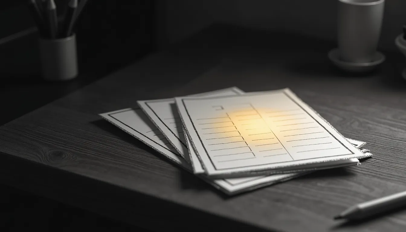 Four pencil-sketched planner sheets fanned like cards on a kitchen table, the top one glowing softly with a teal halo, a child's pencil resting beside them