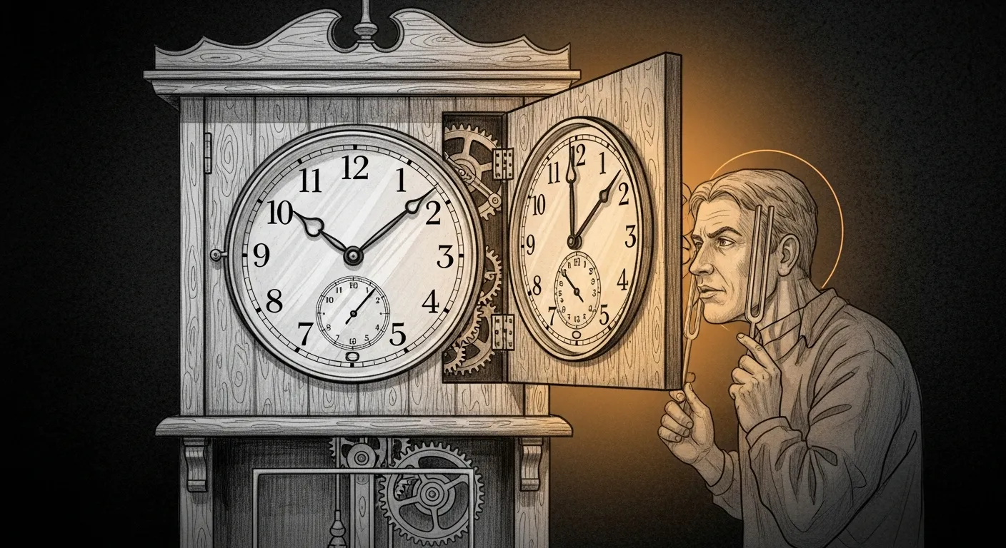 Screen Time enforcement — a grand parental clock with two faces: the polished public one telling a comfortable lie, the hidden second one telling the truth; a craftsman with a stethoscope listens to the difference.