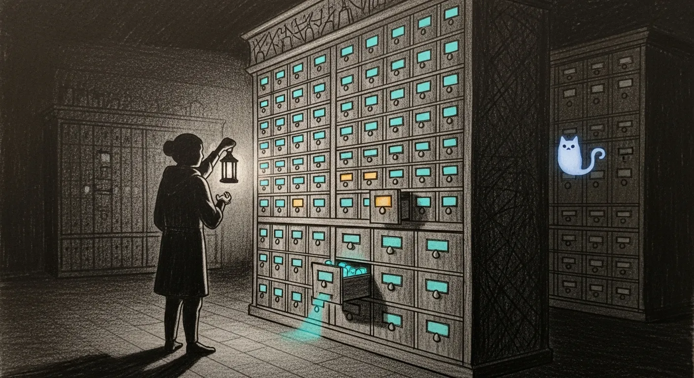 A pencil-sketched apothecary cabinet at night, dozens of labelled drawers in neat rows, a keeper with a lantern reading one label while a single drawer sits ajar; most drawers glow faintly teal, a few amber, one wisp escaping.